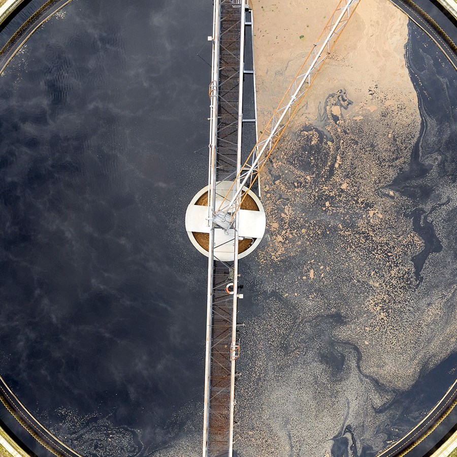 An overhead shot of a wastewater plant