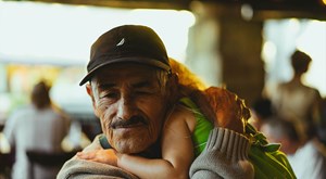 man holds baby